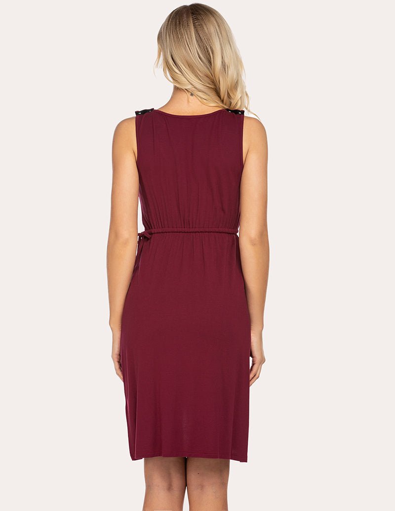 Wine red maternity nightdress back view, sleeveless with gathered waist and drape hem
