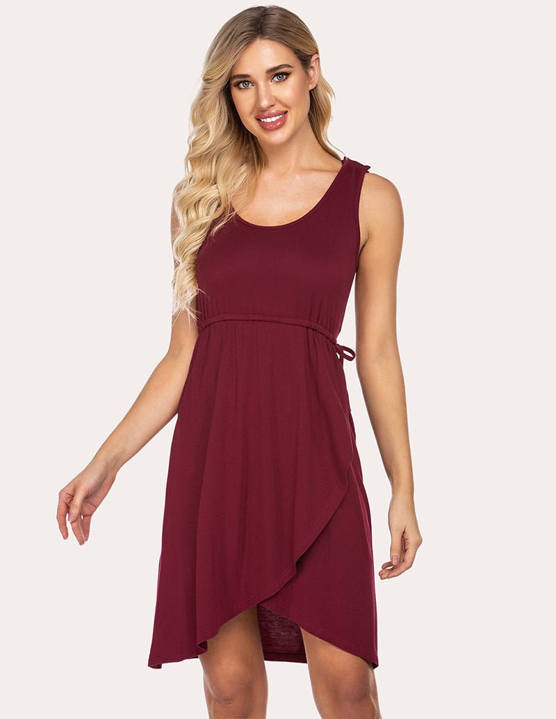 Wine red maternity nightdress with sleeveless U-neck and draped asymmetrical hem