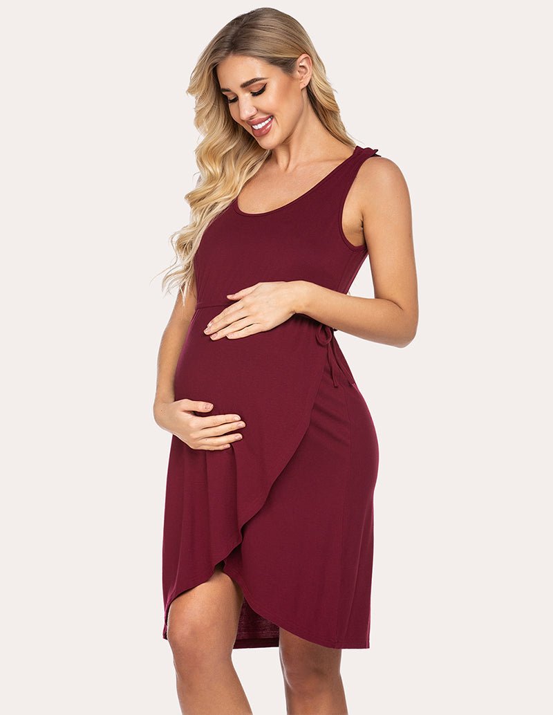Wine red maternity nightdress with U-neck, gathered waist and side draped skirt