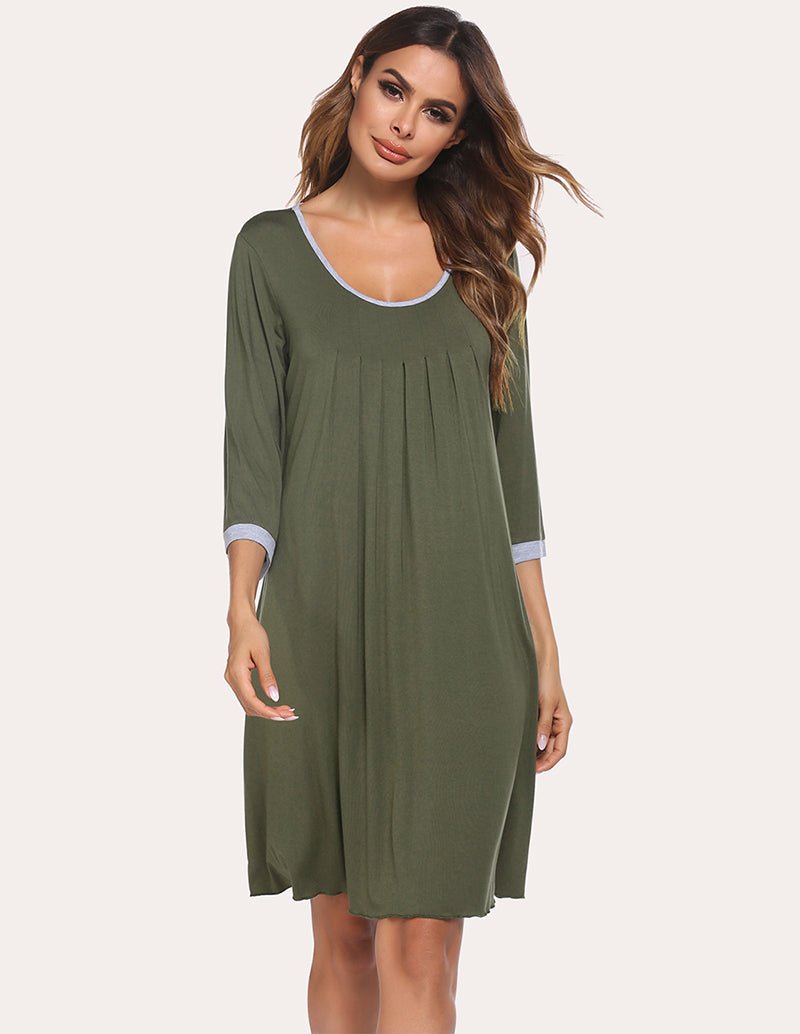 Army green pleated nightdress with 3/4 sleeves and white-trim scoop neckline