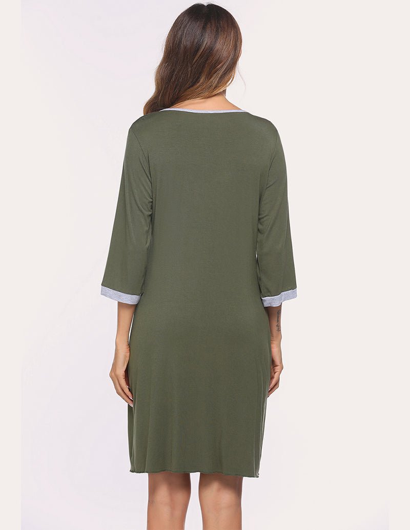 Army green 3/4 Sleeve pleated nightdress, back view with white-trim cuffs
