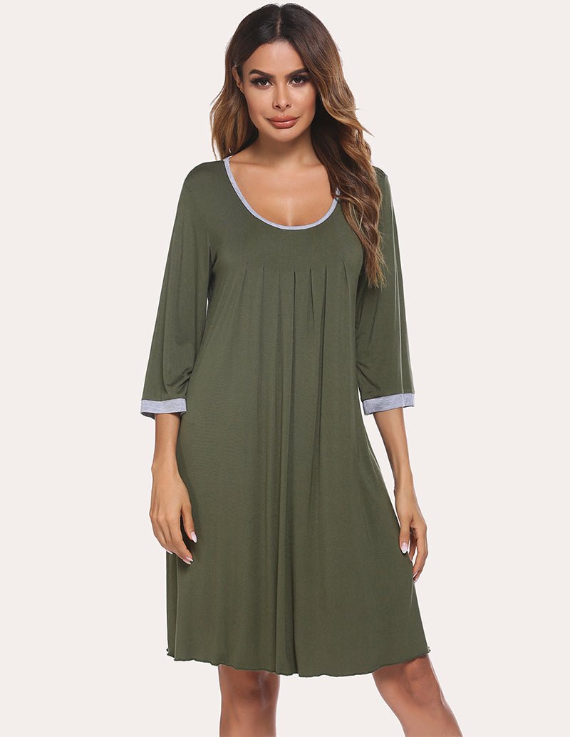 Ekouaer 3/4 Sleeve pleated nightdress in army green, white-trim scoop neckline