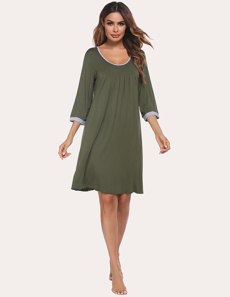 Army green 3/4 Sleeve pleated nightdress, mid-calf length with white-trim edging