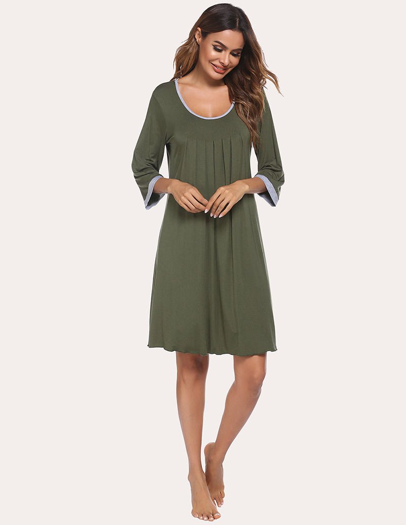 Army green pleated nightdress with 3/4 sleeves and white-trim scoop neck