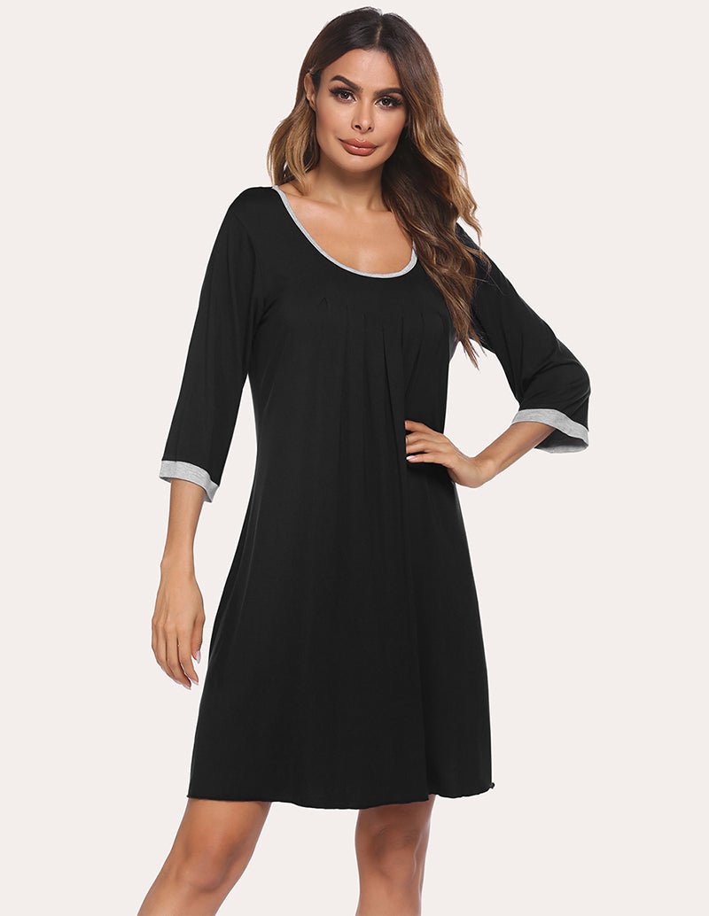 Black 3/4 Sleeve pleated nightdress with white-trim neckline and sleeve cuffs