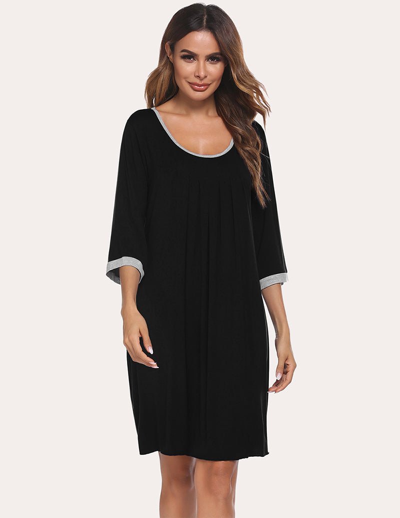 Black 3/4 Sleeve pleated nightdress with white-trim scoop neckline