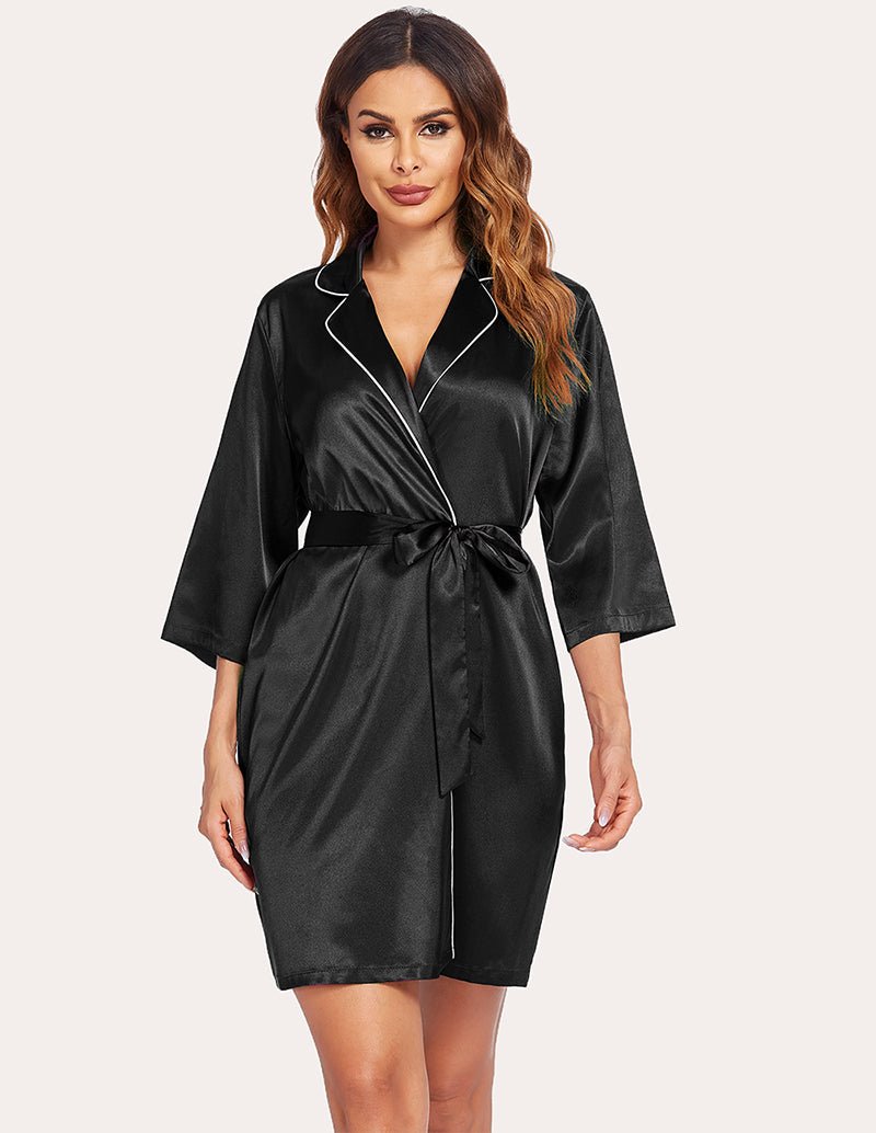 3/4 Sleeve satin robe, black, front view with V-neck, tie belt waist and 3/4 sleeves