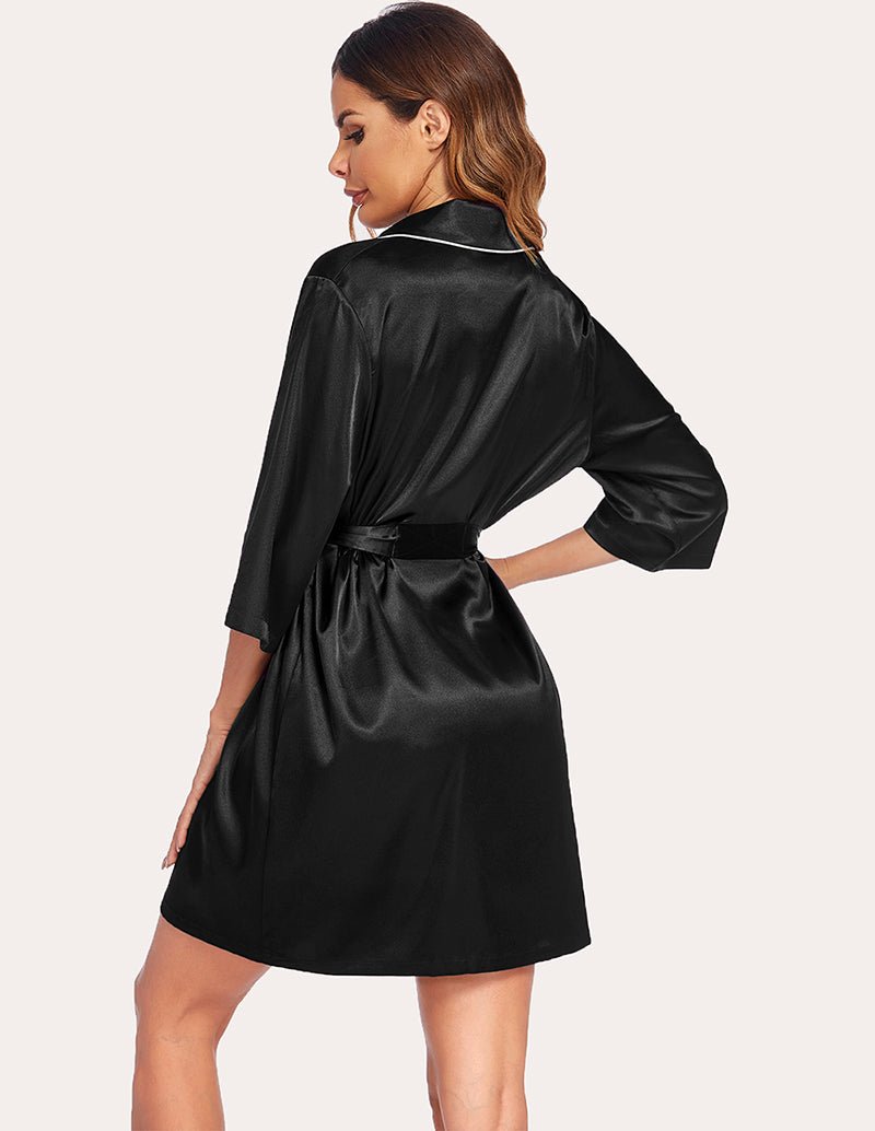 3/4 Sleeve satin robe, black, back view with waist tie belt and 3/4  sleeves