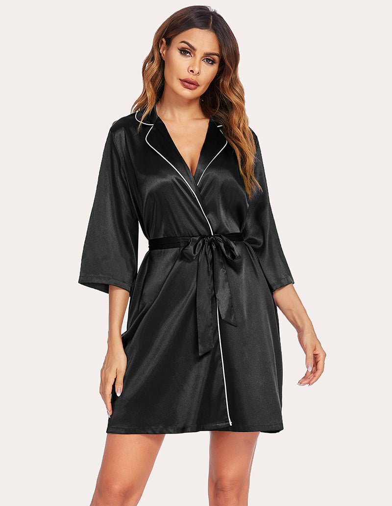 3/4 Sleeve satin robe, black, V-neck with contrast piping, tie belt and 3/4 sleeves