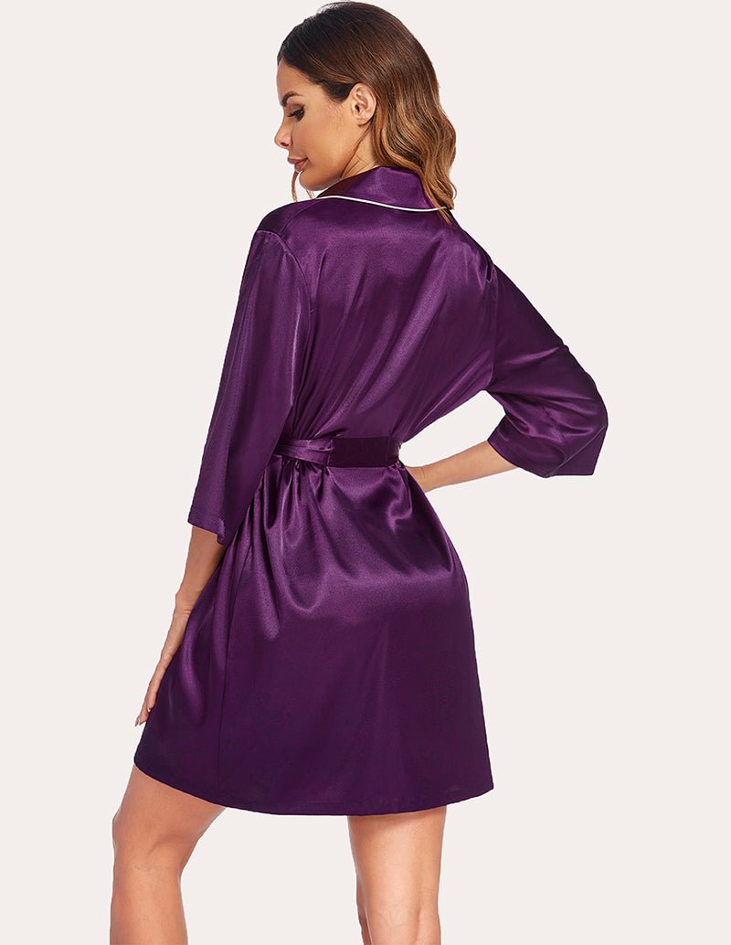Satin robe with tie belt, 3/4 sleeves, V-neck, dark purple, back view