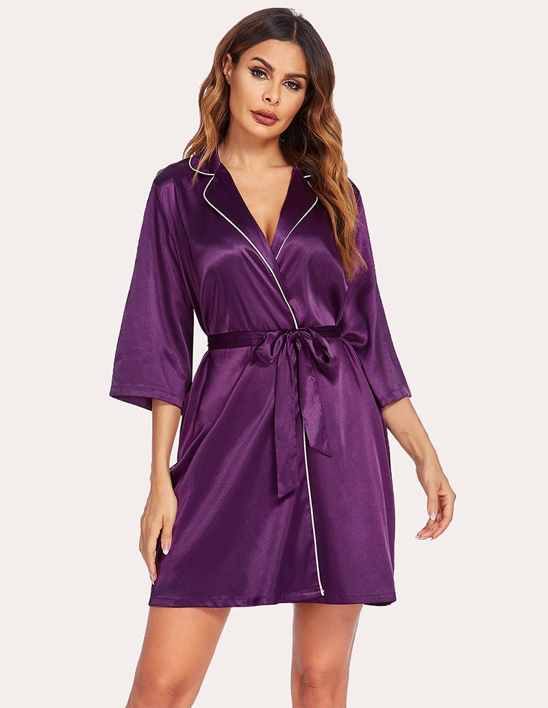 Satin robe, 3/4 sleeves, V-neck with white trim, tie belt, dark purple, knee-length