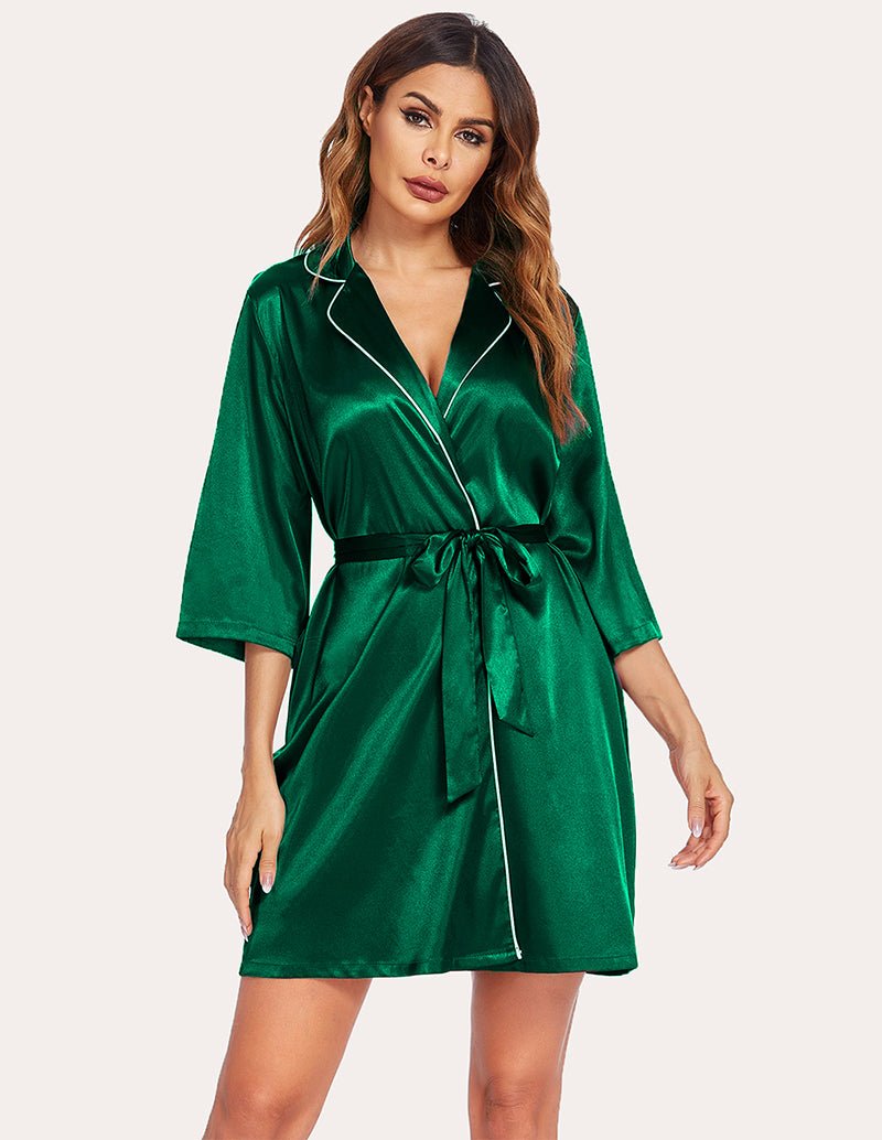 Satin robe, 3/4 sleeves, V-neck with white trim, tie waist, green, front view