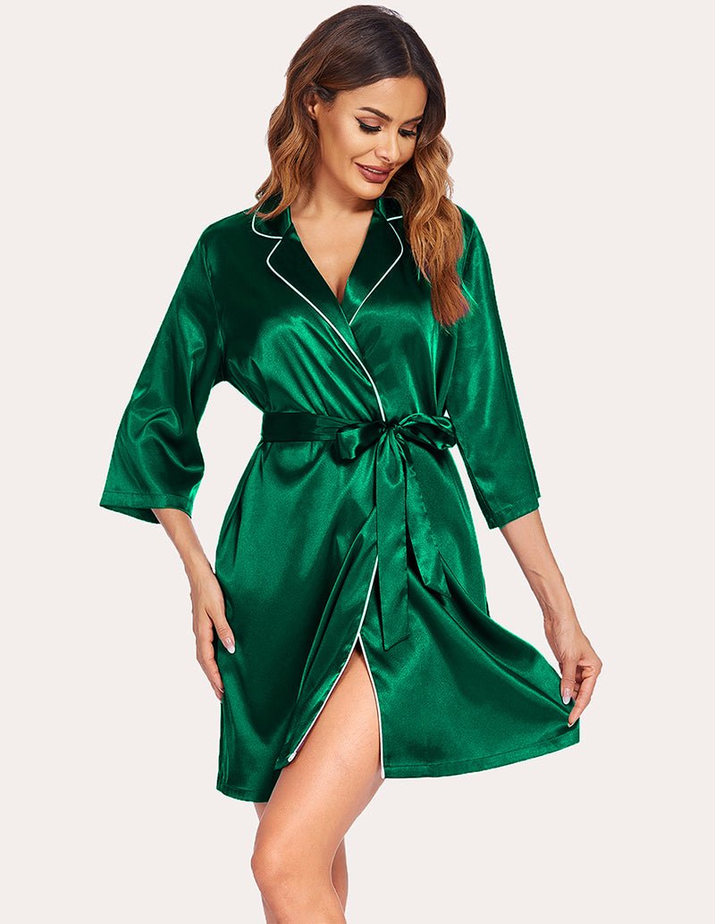 Satin robe, 3/4 sleeves, V-neck with white trim, tie belt, green, knee-length