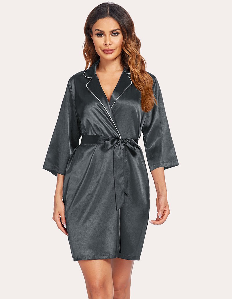 Dark satin robe with V-neck trim, tie waist, and 3/4 sleeves.