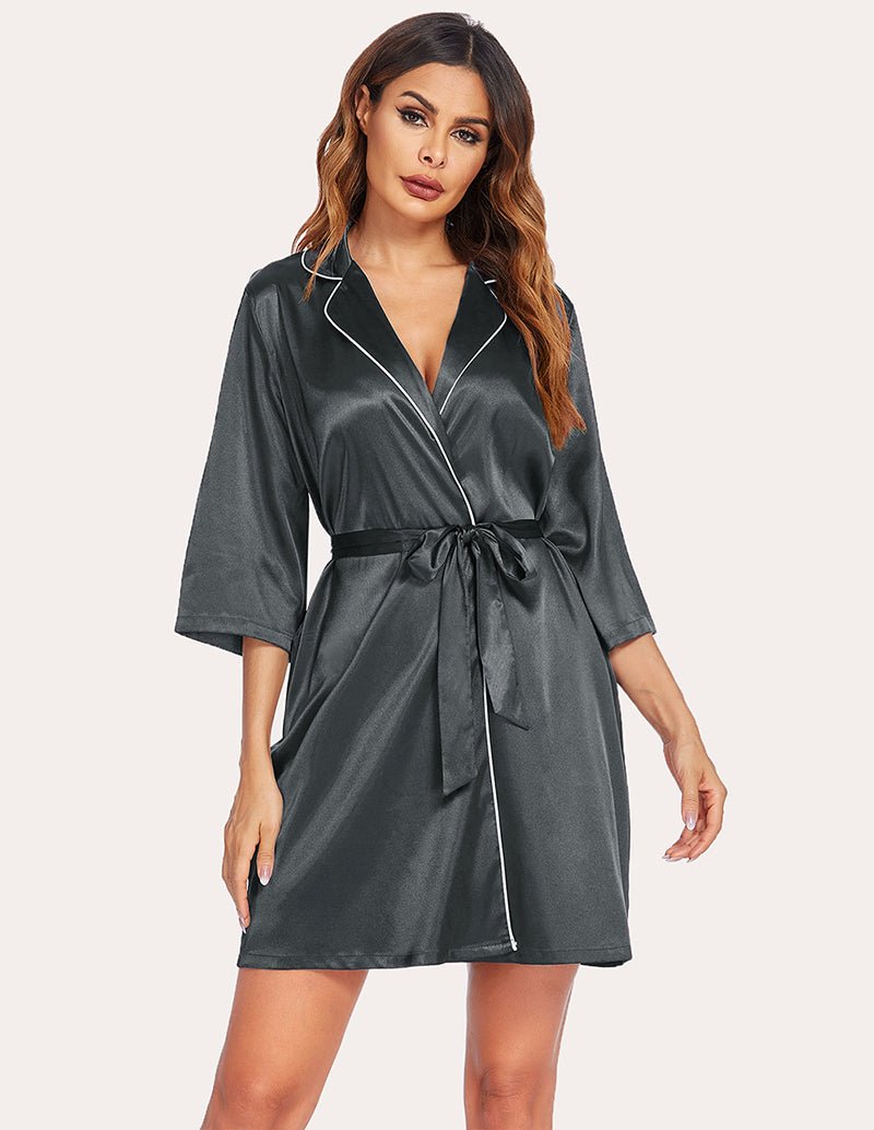 Dark satin robe with V-neck, 3/4 sleeves, and tie waist belt.