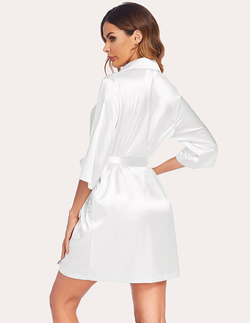 White satin robe, back view, with tie waist and 3/4-length sleeves.