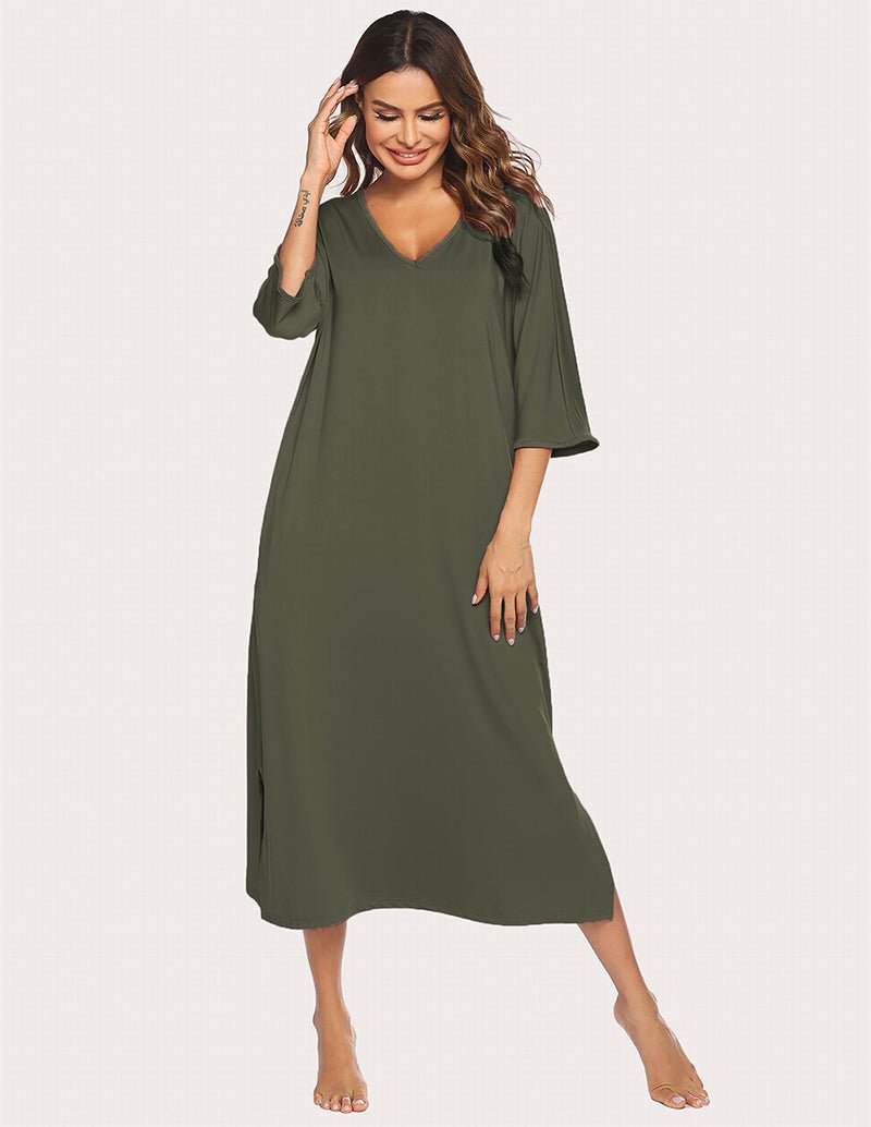 Army green 3/4 sleeve sleep dress with V-neck and side split hem