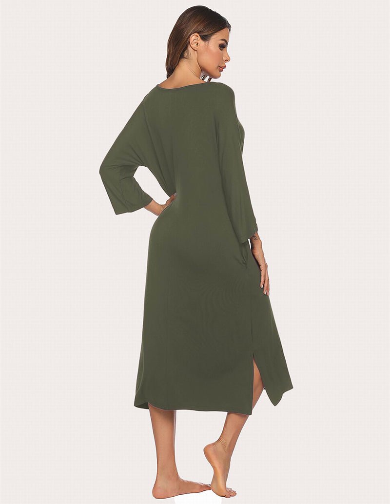 Army green sleep dress from the back, V-neck and split hem side detail