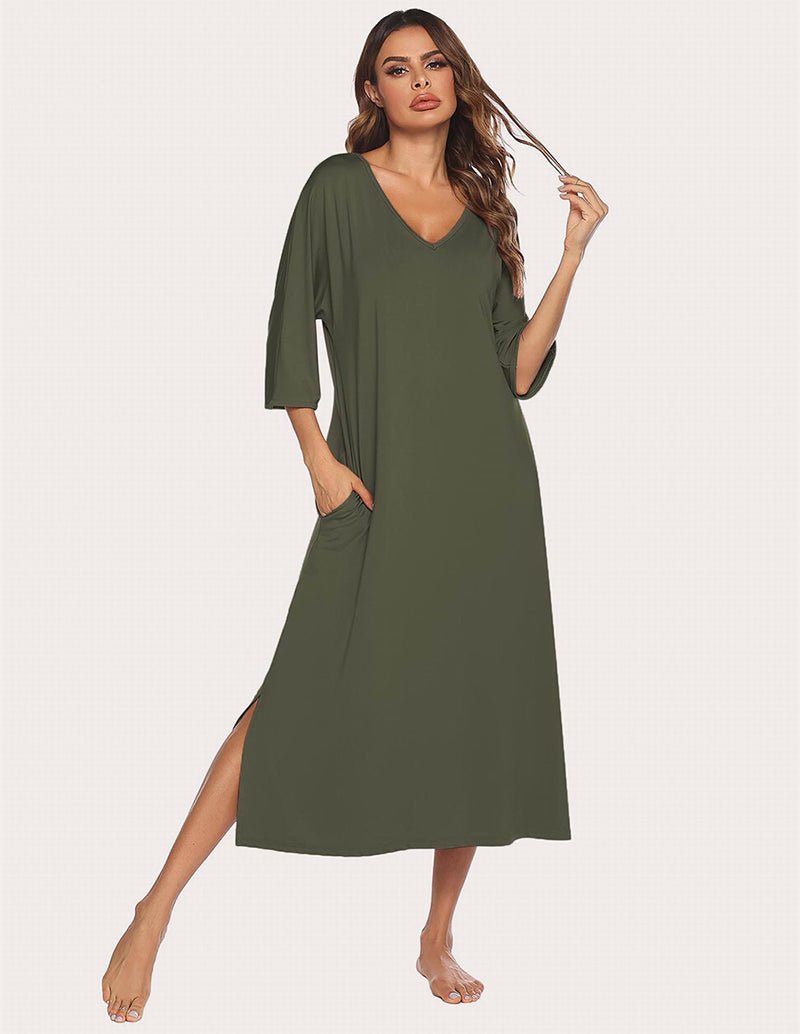 Army green sleep dress with V-neck, 3/4 sleeves, and split hem at the sides