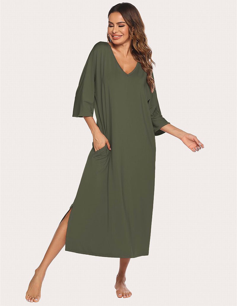 Army green sleep dress with V-neck and 3/4 sleeves, side split hem