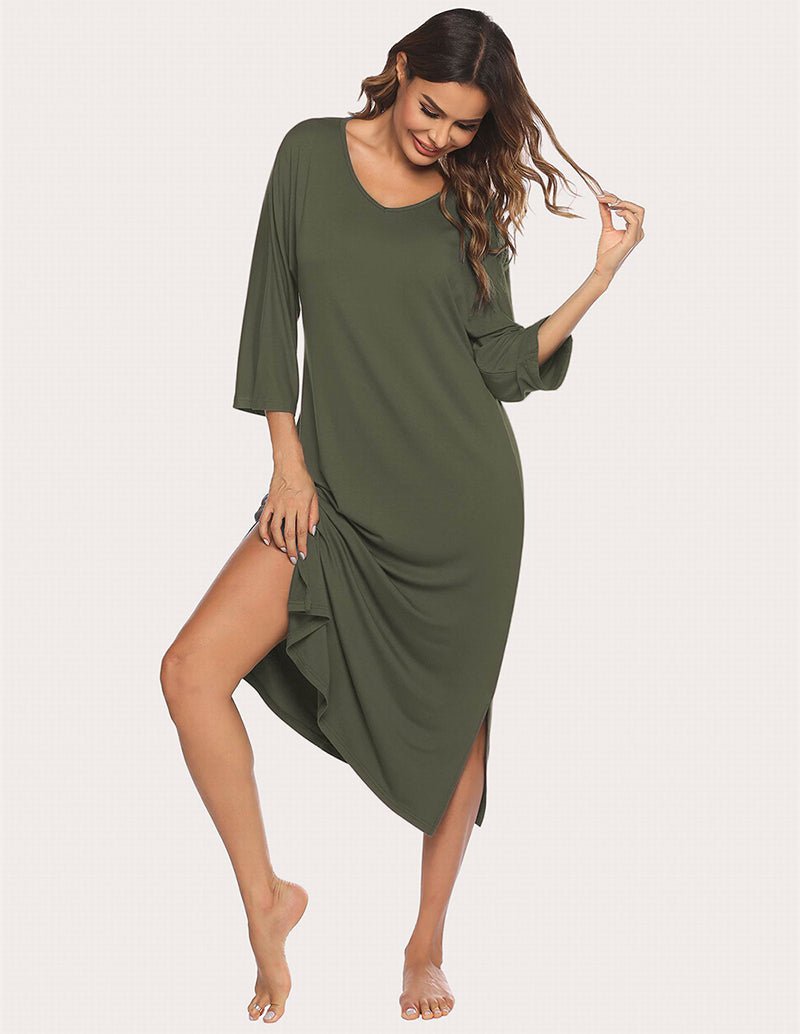 Army green sleep dress with V-neck, draped skirt, and side split hem