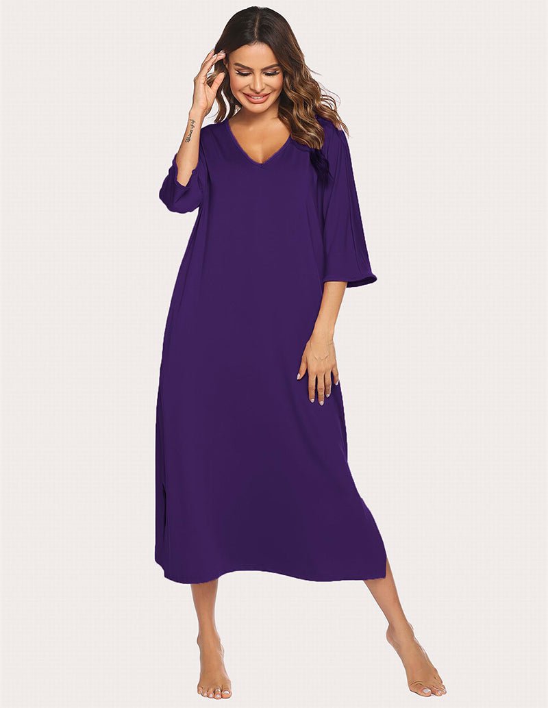 Purple 3/4 sleeve sleep dress with V-neck and side split hem