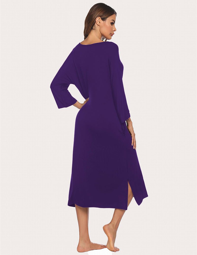 Purple sleep dress from the back with V-neck and split hem side opening