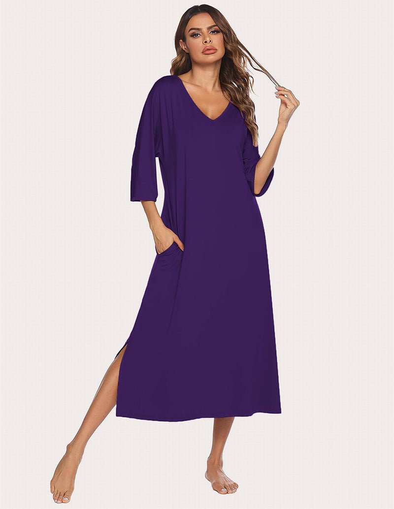 Purple sleep dress with V-neck and 3/4 sleeves, featuring a split hem