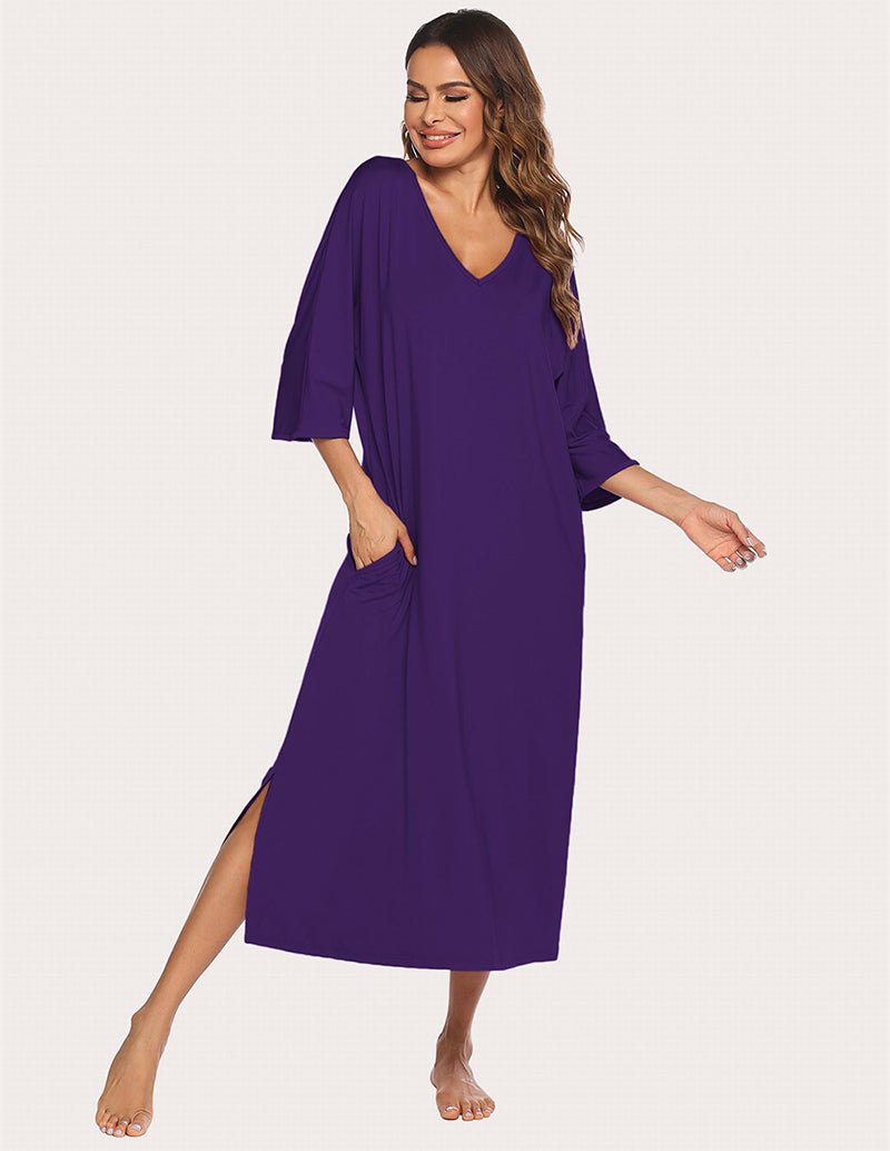 Purple sleep dress with V-neck, 3/4 sleeves, and split hem side detail