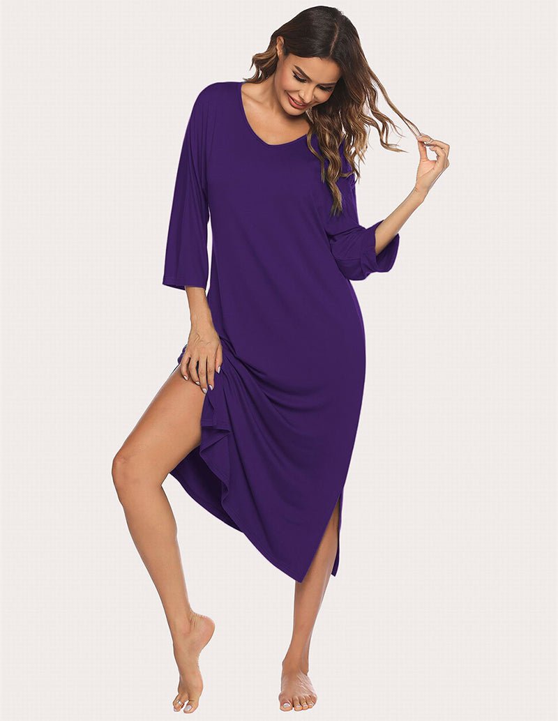 Purple sleep dress with V-neck, draped look, and side split hem