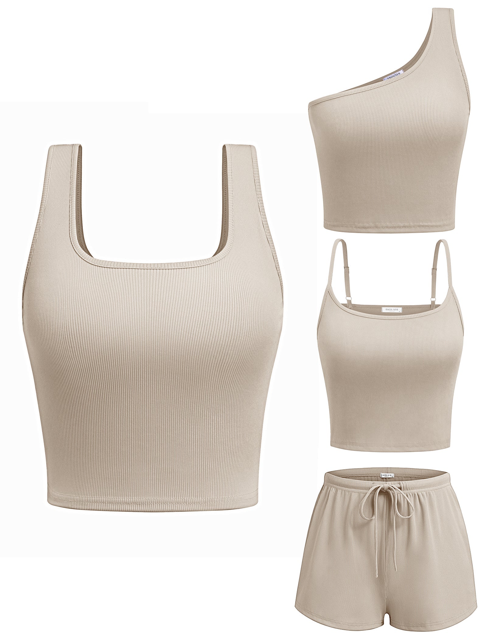 Apricot/beiges 4-teiliges Pyjama-Set: Tanktop und Shorts mit Kordelzug am Bund