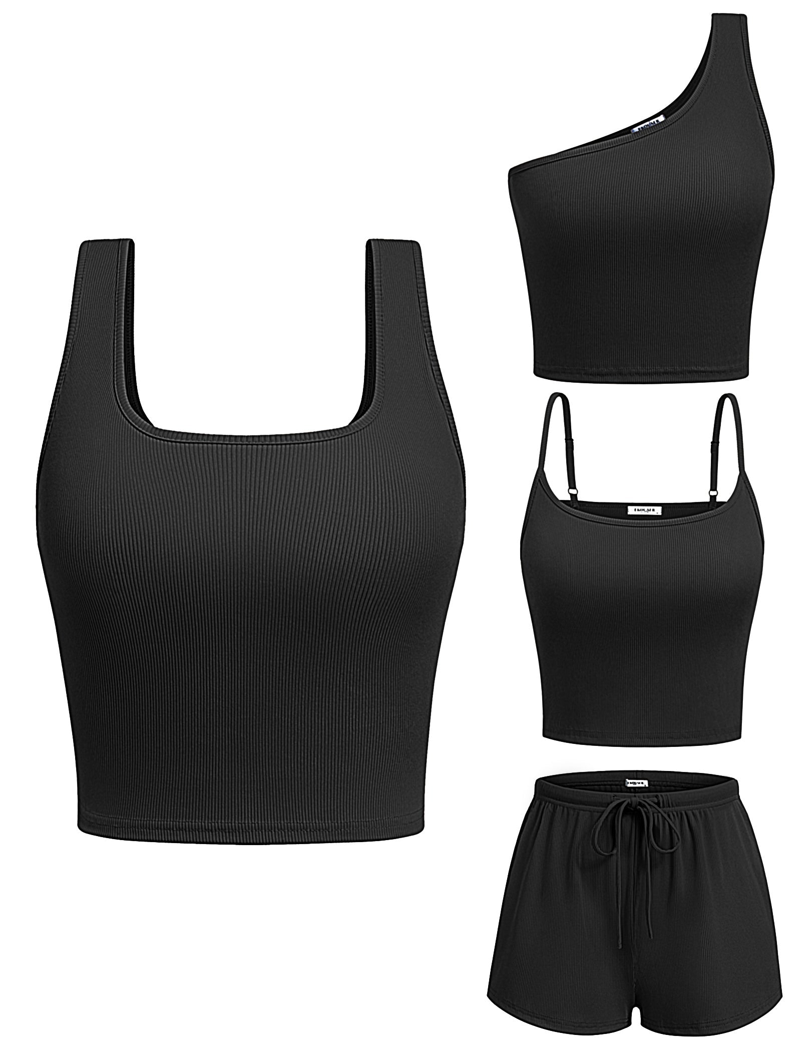 Schwarzes 4-teiliges Pyjama-Set: Tanktop und Shorts, elastischer Bund mit Kordel