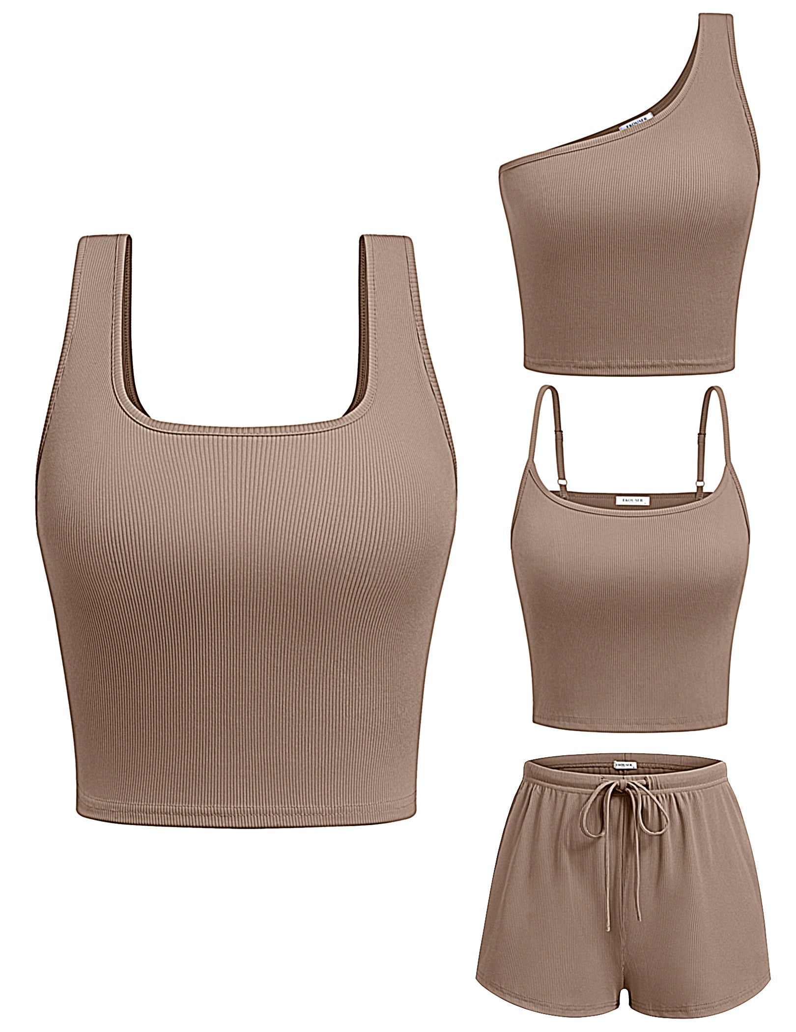 Khaki-braunes 4-teiliges Pyjama-Set: Tanktop und Shorts mit elastischem Bund