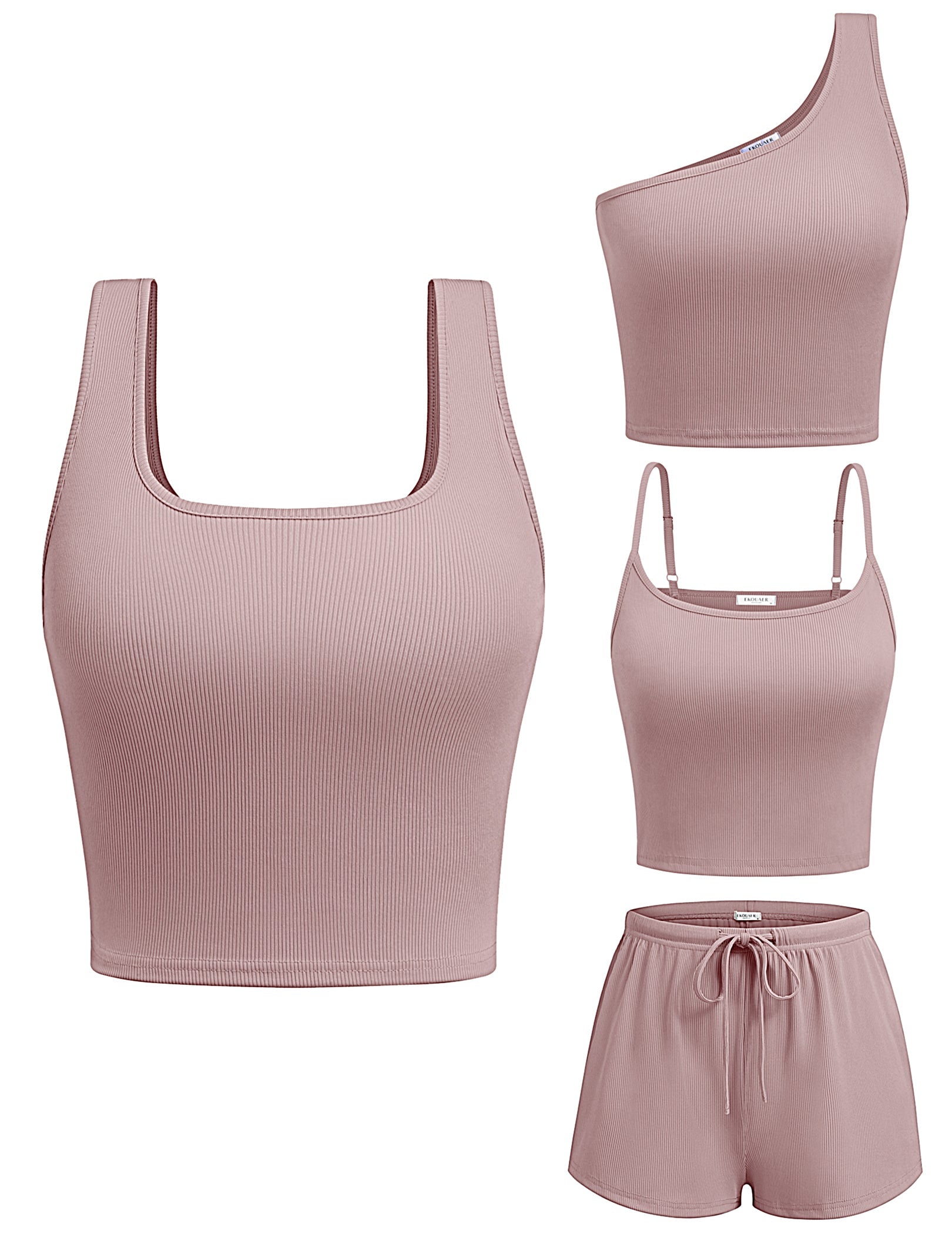 Rosa 4-teiliges Pyjama-Set: Tanktop und Shorts mit Kordelzug am elastischen Bund