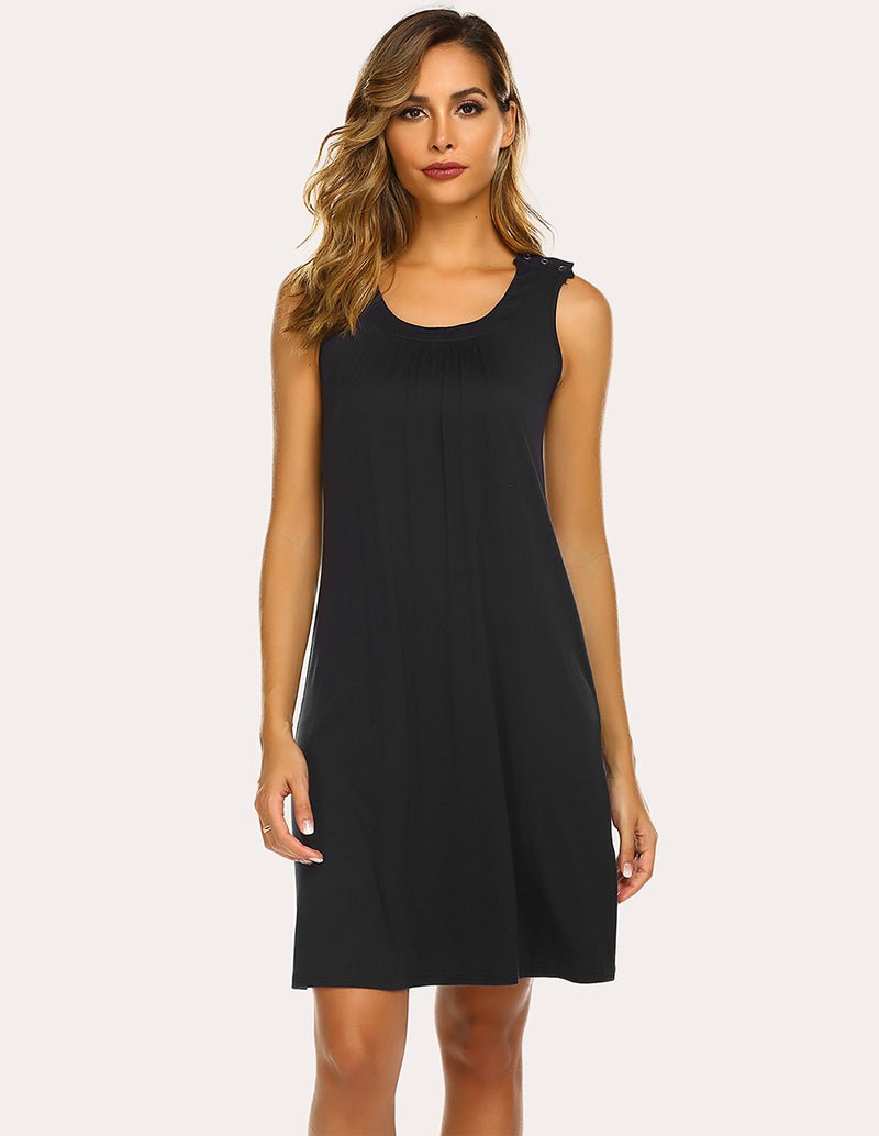Breastfeeding maternity nightdress, sleeveless scoop neck, black, above-knee length