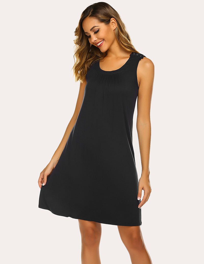 Breastfeeding maternity nightdress, sleeveless scoop neck, black, relaxed swing fit