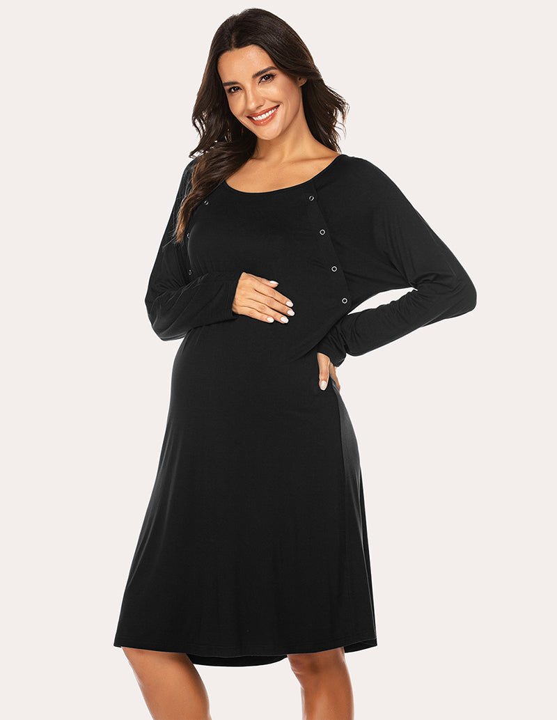 Breastfeeding maternity nightdress, black long-sleeve with round neck and button-front closure