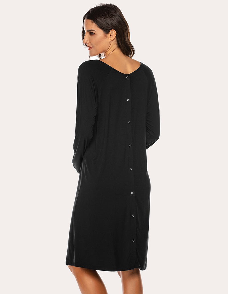 Black long-sleeve maternity nightdress, button front, side drape