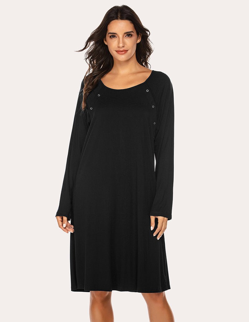 Black nursing maternity nightdress with long sleeves and button placket