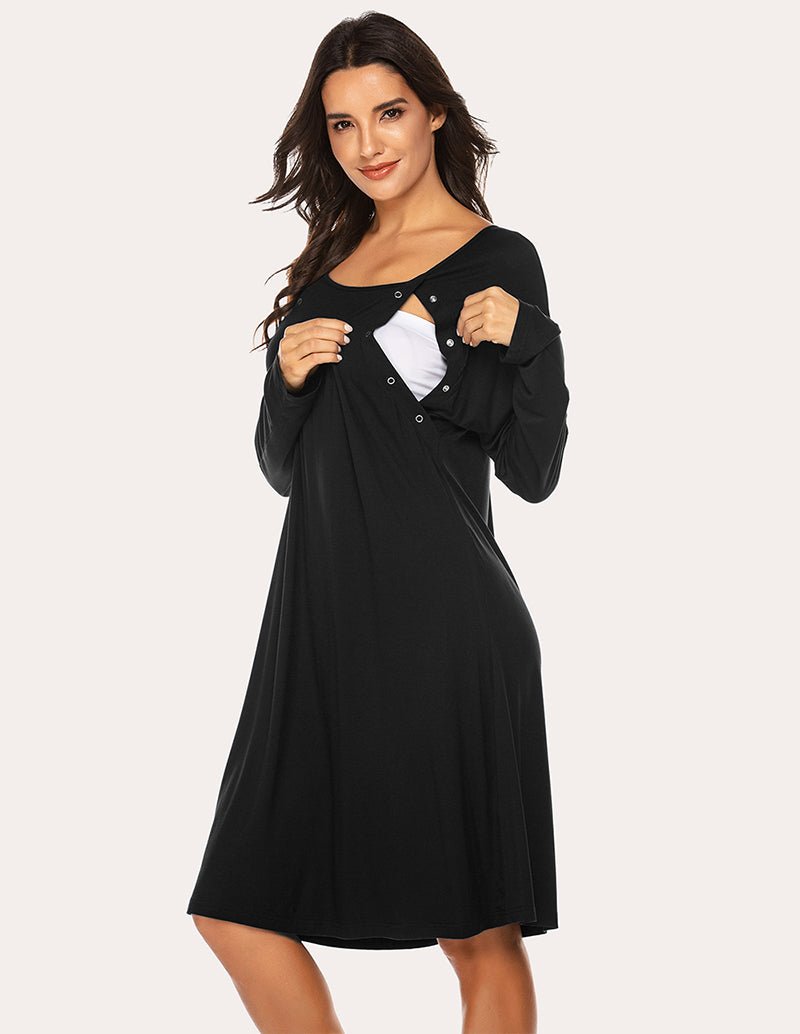 Breastfeeding maternity nightdress, black long-sleeve with button placket and nursing opening