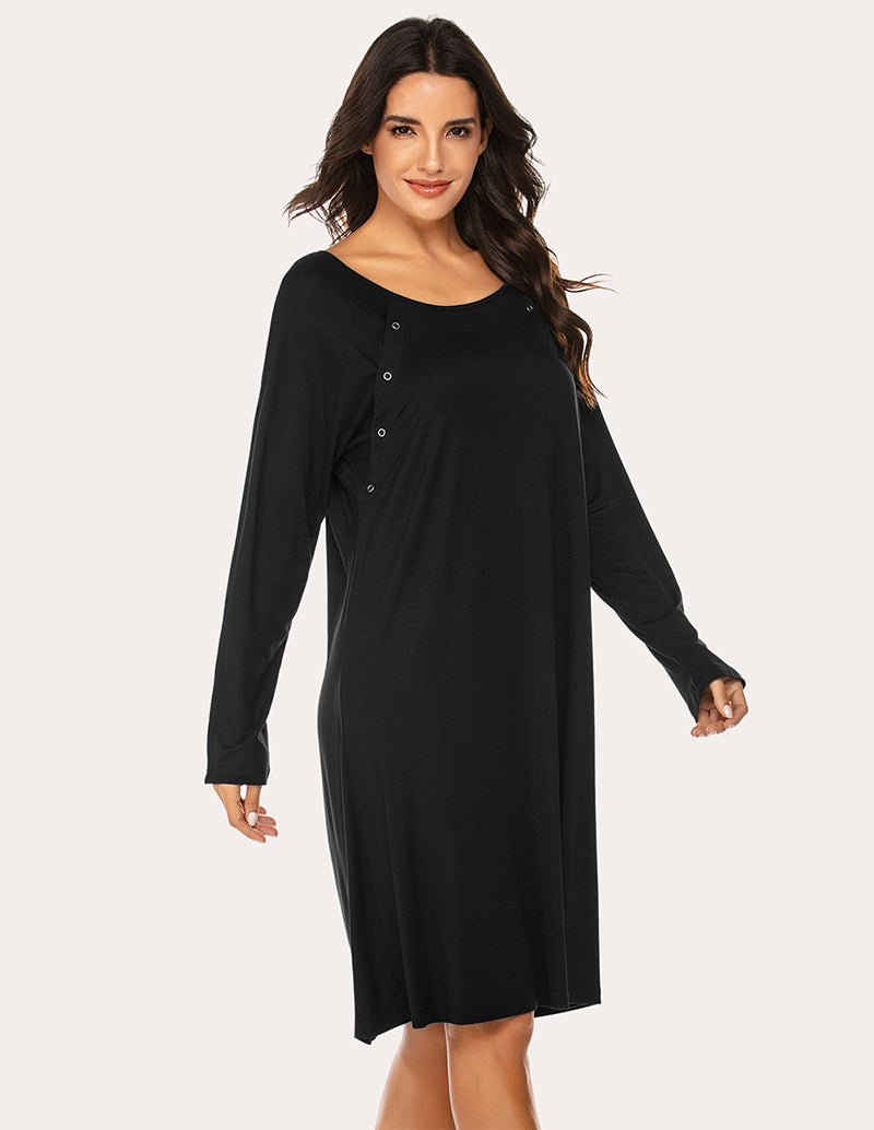 Breastfeeding maternity nightdress, black long-sleeve with round neck and button front