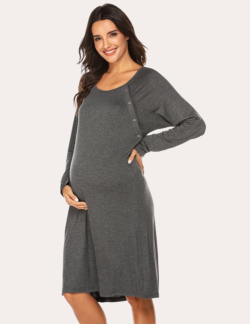 Breastfeeding maternity nightdress, dark grey long-sleeve with nursing opening at chest