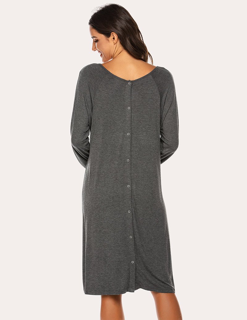 Breastfeeding maternity nightdress, dark grey long-sleeve with button-front and round neckline