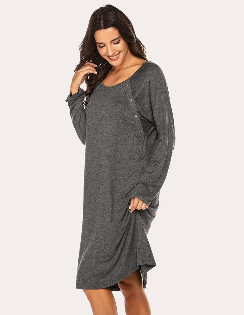 Breastfeeding maternity nightdress, dark grey long-sleeve with round neck and button placket