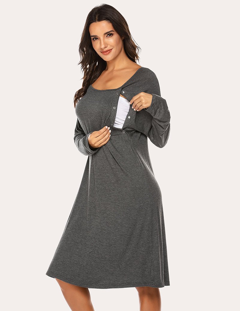 Breastfeeding maternity nightdress, dark grey long-sleeve with button placket and nursing panel