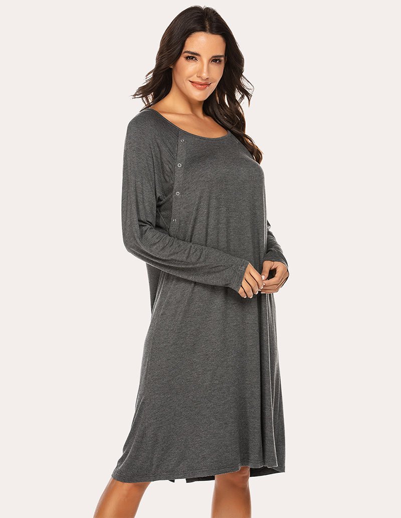Breastfeeding maternity nightdress, dark grey long-sleeve with round neck and button-front closure