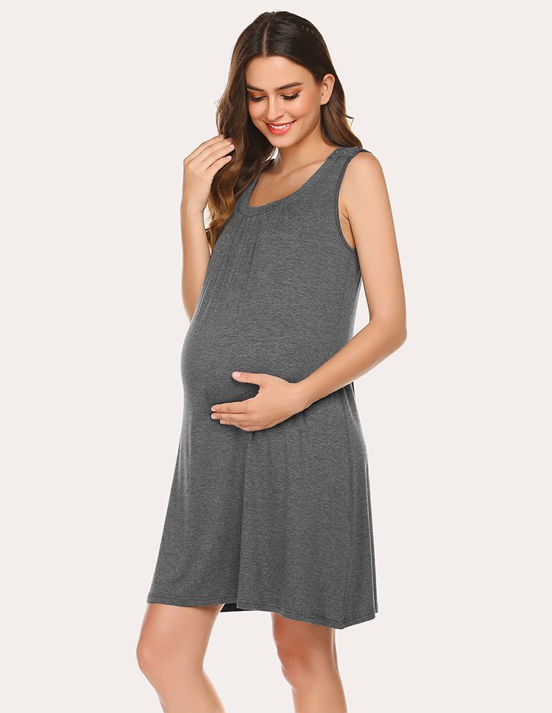 Breastfeeding maternity nightdress, sleeveless scoop neck, grey, nursing-style side panel