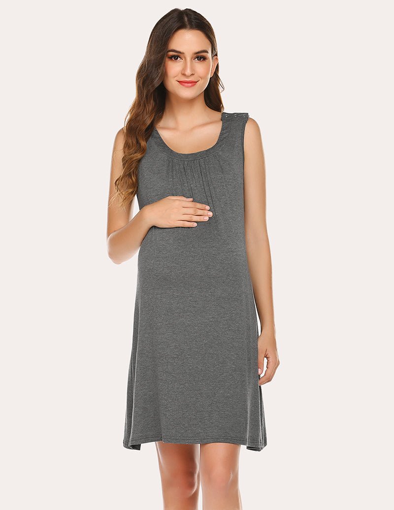 Breastfeeding maternity nightdress, sleeveless scoop neck, grey, above-knee length