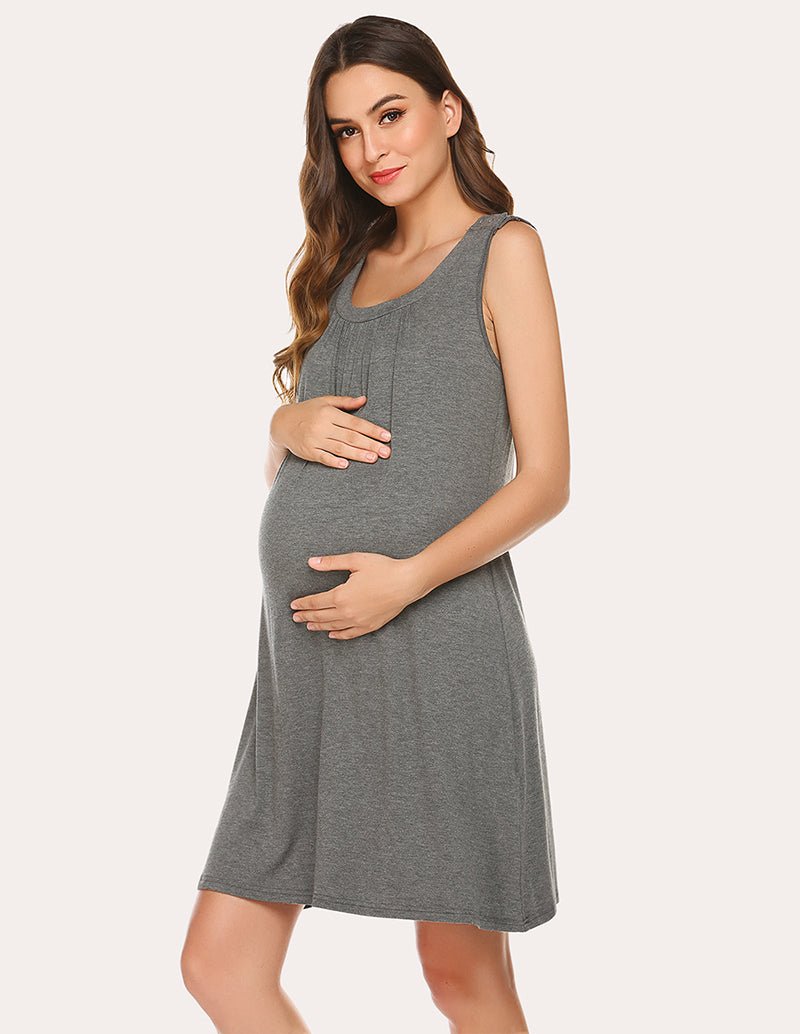 Breastfeeding maternity nightdress, sleeveless scoop neck, grey, swing silhouette