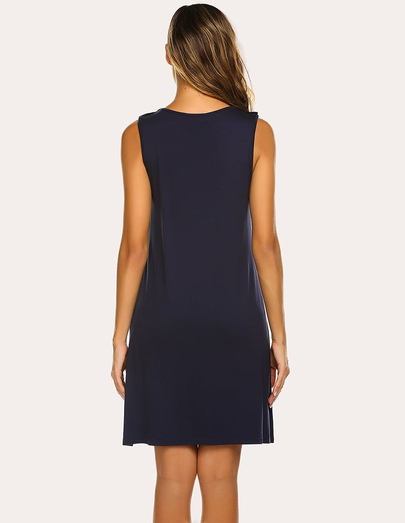 Navy sleeveless nursing nightdress, racerback back view with straight hem